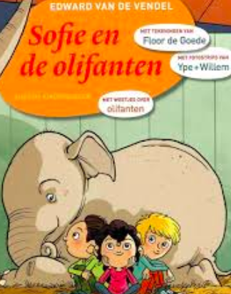 een boek met 2 jongens 1 meisje en achter hen een olifant.